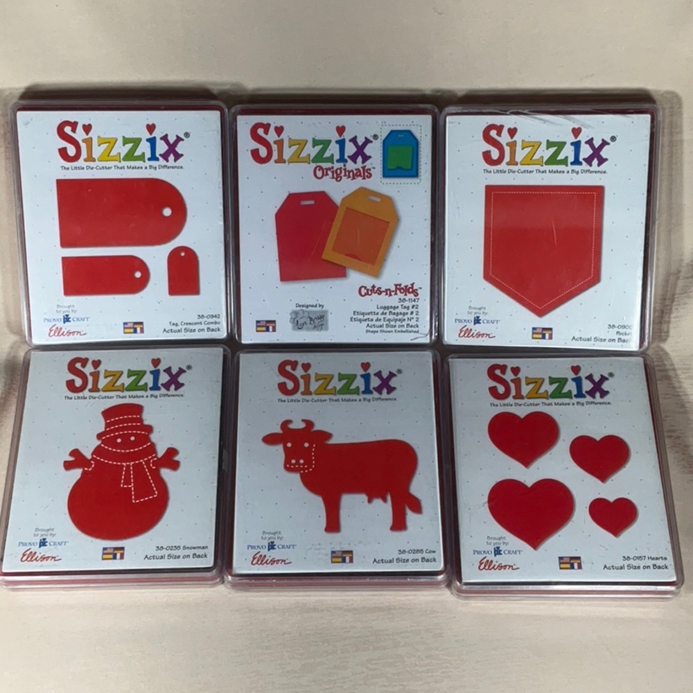 Sizzix Bundle ~ Tag, Crescent Combo, Luggage Tag #2, Pocket, Cow, Hearts, Snowmn